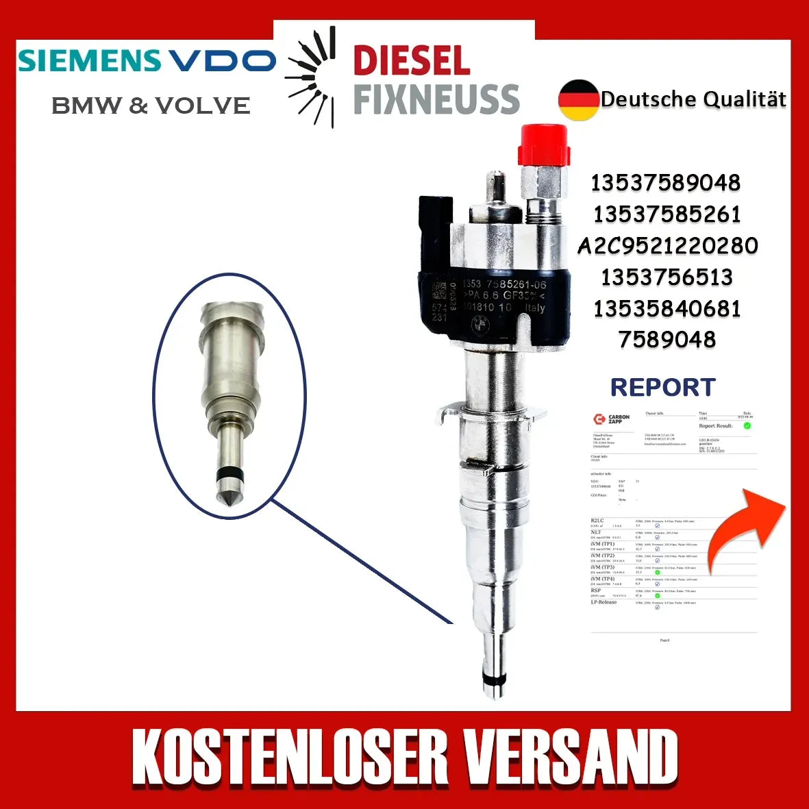 BMW Fuel Injector - VDO/Siemens 13537585261-06 / 13537589048. High-quality fuel injectors for BMW gasoline engines. Compatible with N43, N53, and N52 engine series. Includes copper sealing rings and test report.