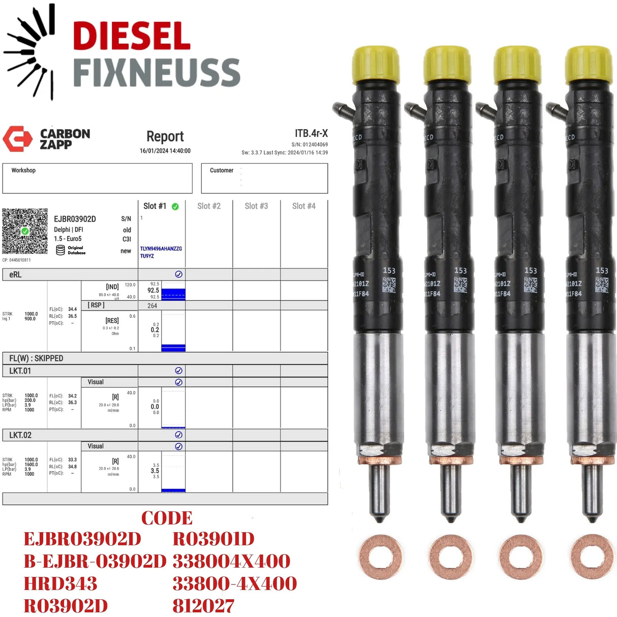 4x Diesel injectors EJBR03902D for KIA Carnival II & III 2.9 CRDi (144-192PS, 2902cc), including test reports