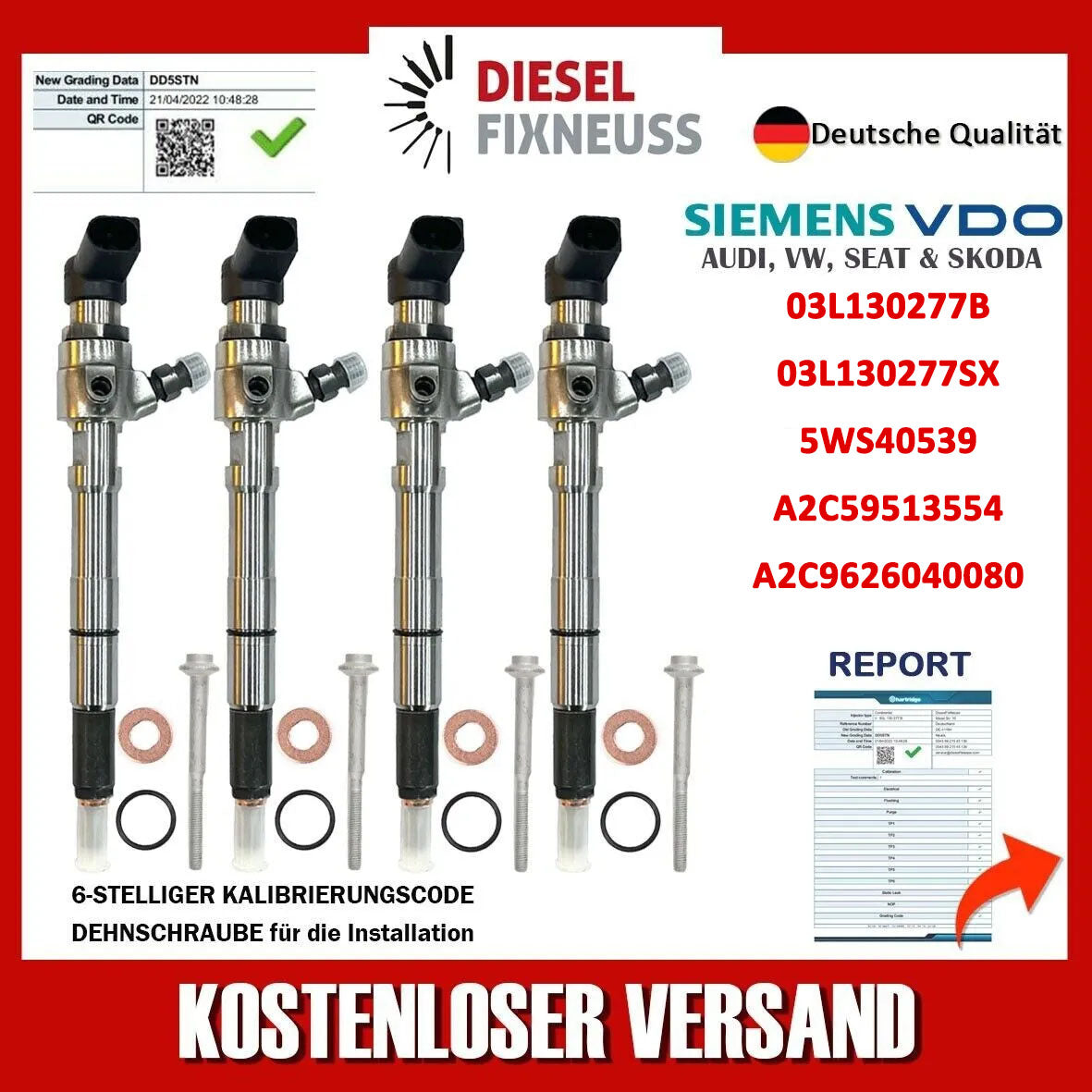 4x Injektor Siemens 03L130277B Einspritzdüse Audi Seat Skoda VW 1.6 TDi CAYA CAYB