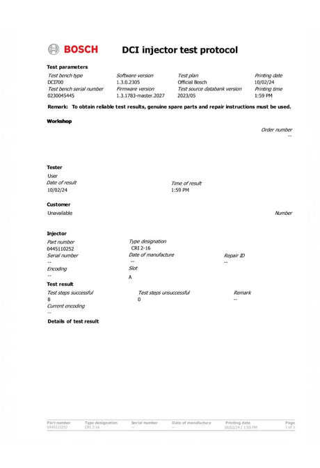 Bosch 0445110252, genuine Bosch injector for Citroën and Peugeot 1.4 HDi engines. Compatible with C2, C3, 206, 207 and Bipper models. High performance diesel injection solution.Professional solution for reliable engine performance!