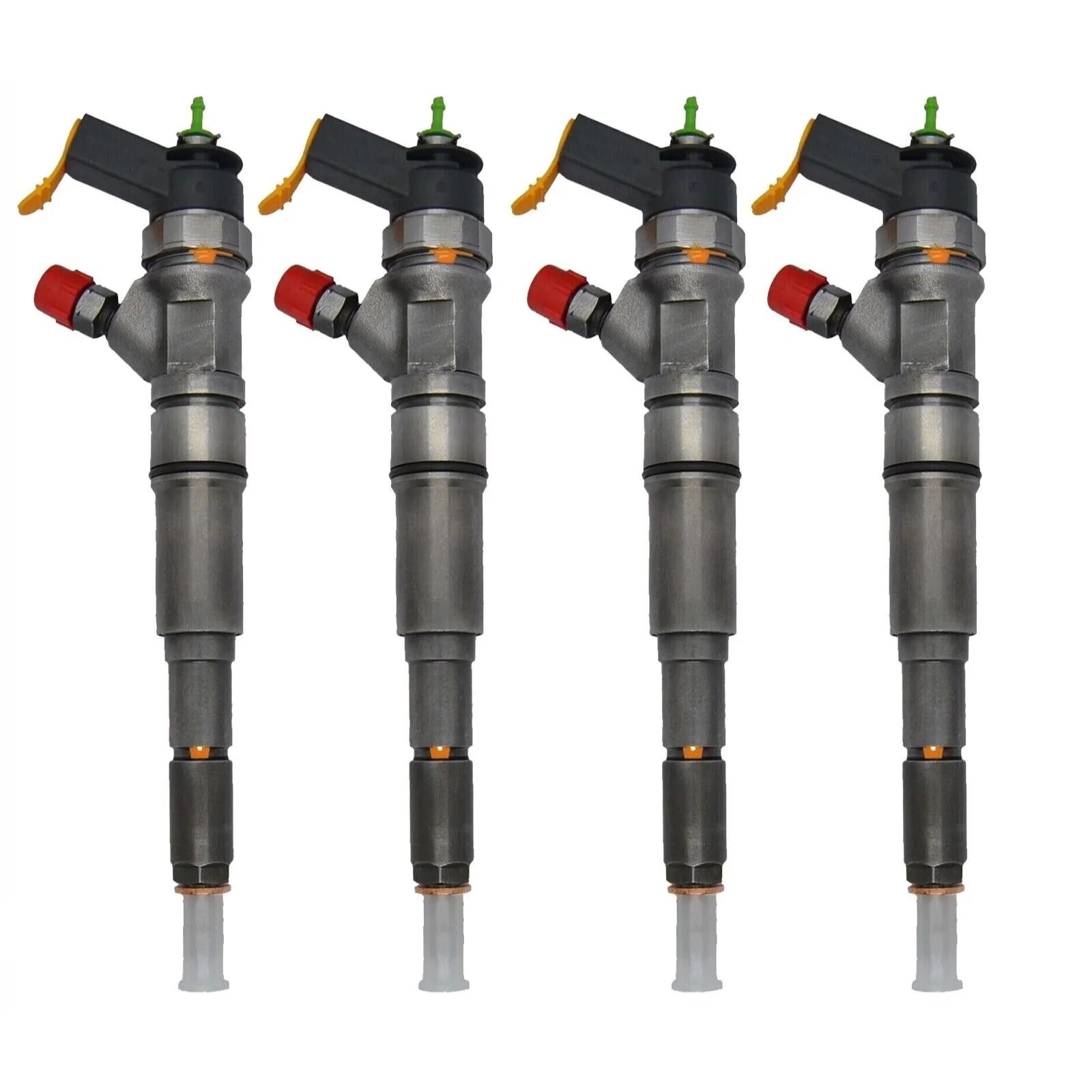 4x Bosch injectors (part number 0445110311/0986435146) compatible with CITROEN PEUGEOT vehicles. Includes copper sealing rings, O-rings, and (Bosch Dci 700) test report. Fits Citroen and Peugeot models. Comes with 1-year warranty without kilometer limitation.