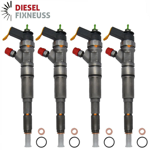 4x Bosch injectors (part number 0445110311/0986435146) compatible with CITROEN PEUGEOT vehicles. Includes copper sealing rings, O-rings, and (Bosch Dci 700) test report. Fits Citroen and Peugeot models. Comes with 1-year warranty without kilometer limitation.