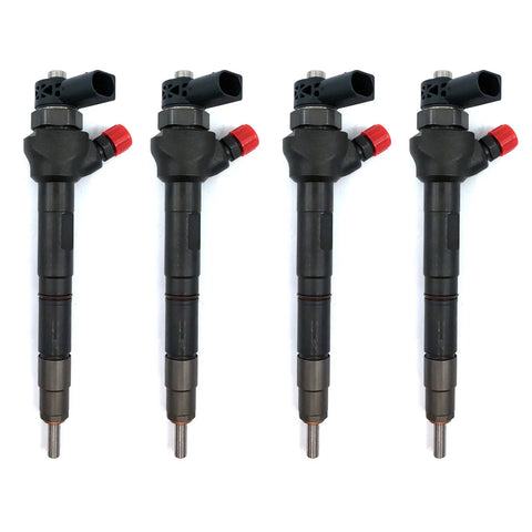 4x Bosch injectors (part number 0445110469) compatible with Audi, VW, Seat and Skoda vehicles. Includes copper sealing rings, O-rings, and (Bosch Dci 700) test report. Fits VW, Seat, Aud, and Skoda models. Comes with 1-year warranty without kilometer limitation.