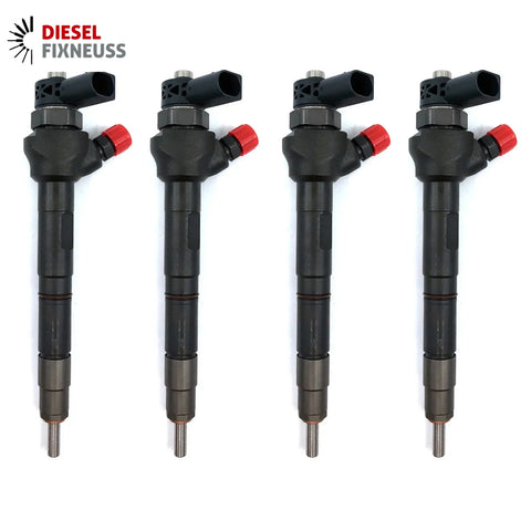 4x Bosch injectors (part number 0445110469) compatible with Audi, VW, Seat and Skoda vehicles. Includes copper sealing rings, O-rings, and (Bosch Dci 700) test report. Fits VW, Seat, Aud, and Skoda models. Comes with 1-year warranty without kilometer limitation.