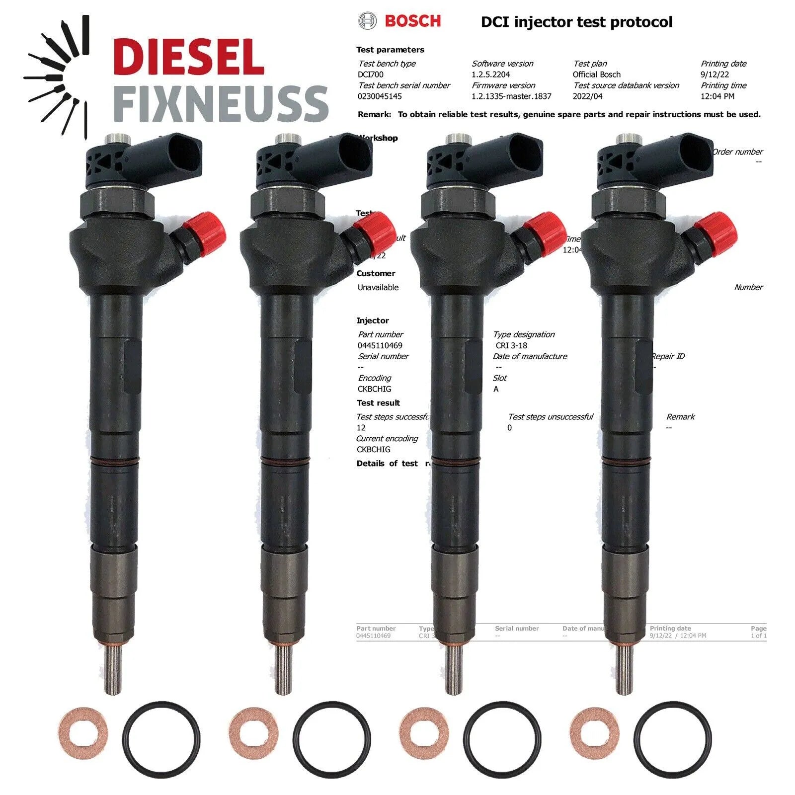 4x Bosch injectors (part number 0445110469) compatible with Audi, VW, Seat and Skoda vehicles. Includes copper sealing rings, O-rings, and (Bosch Dci 700) test report. Fits VW, Seat, Aud, and Skoda models. Comes with 1-year warranty without kilometer limitation.