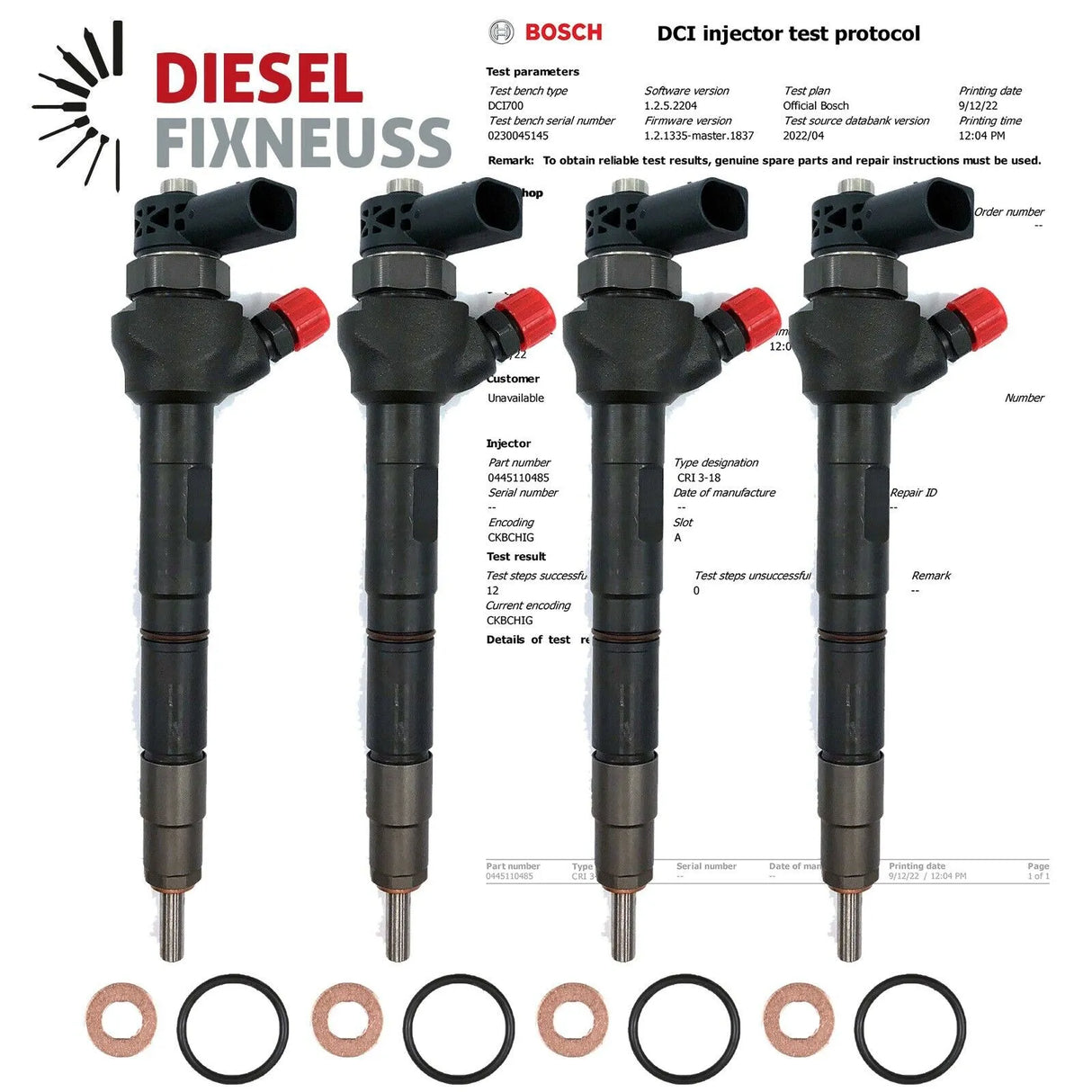4x Bosch Injector Renault/Nissan/Dacia 1.5 dCi | Part No: 0445110485/16608399R | Includes: Copper ring, O-ring, BOSCH test report | 1-Year Warranty, unlimited mileage