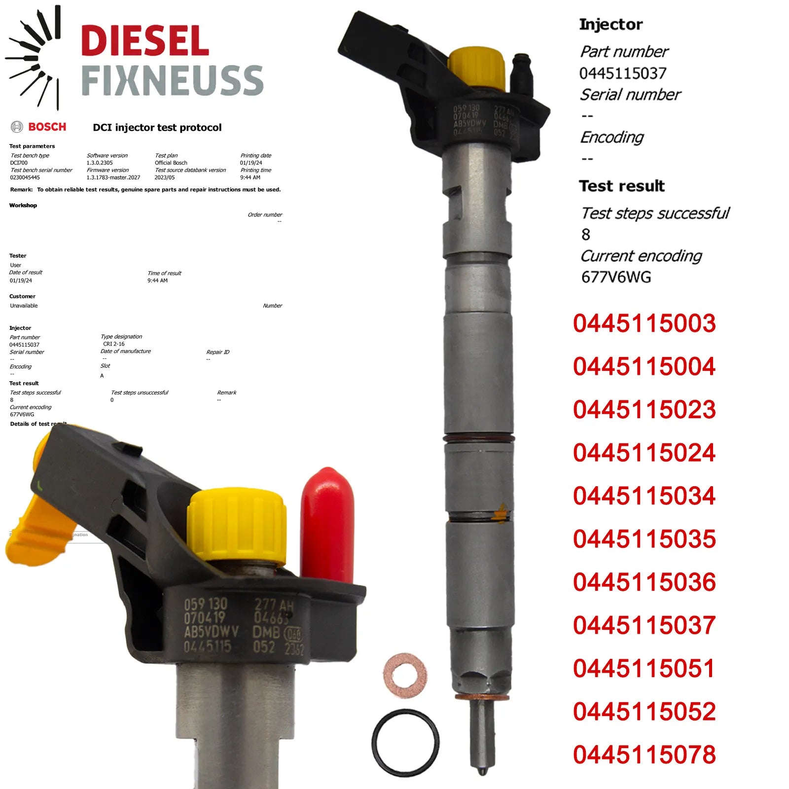 Bosch injector (part number 0445115037) compatible with Audi VW vehicles. Includes copper sealing rings, O-rings, and (Bosch Dci 700) test report. Fits VW and Audi models. Comes with 1-year warranty without kilometer limitation.