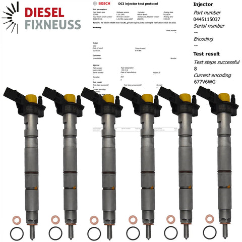 6x Bosch injectors (part number 0445115037) compatible with Audi VW vehicles. Includes copper sealing rings, O-rings, and (Bosch Dci 700) test report. Fits VW and Audi models. Comes with 1-year warranty without kilometer limitation.