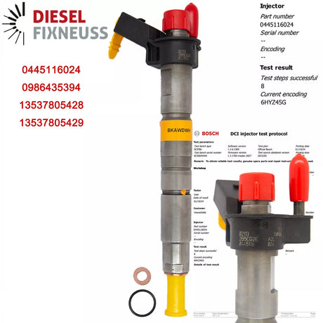 BMW Diesel Injectors (0445116024) - Compatible with BMW 525d, 530d, X5, X6, 3.0d and many other models including E60, E90, F10 series. Includes O-rings and BOSCH test report. Fits 2.0D (120KW/163PS, 130KW/177PS) and 3.0D (150KW/204PS, 170KW/231PS, 180KW/245PS) engines.