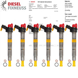 6x BMW Diesel Injectors (0445116024) - Compatible with BMW 525d, 530d, X5, X6, 3.0d and many other models including E60, E90, F10 series. Includes O-rings and BOSCH test report. Fits 2.0D (120KW/163PS, 130KW/177PS) and 3.0D (150KW/204PS, 170KW/231PS, 180KW/245PS) engines.