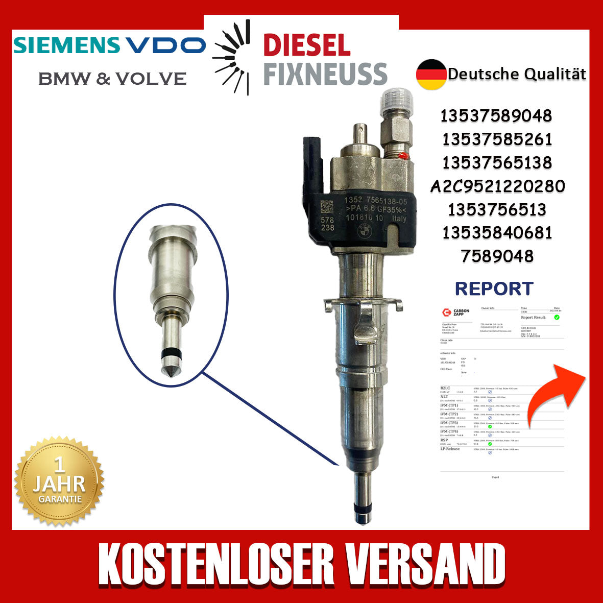 Einspritzventil Einspritzdüse Injektor 13537565138-05 E87 116I 1.6 90KW N43 VDO