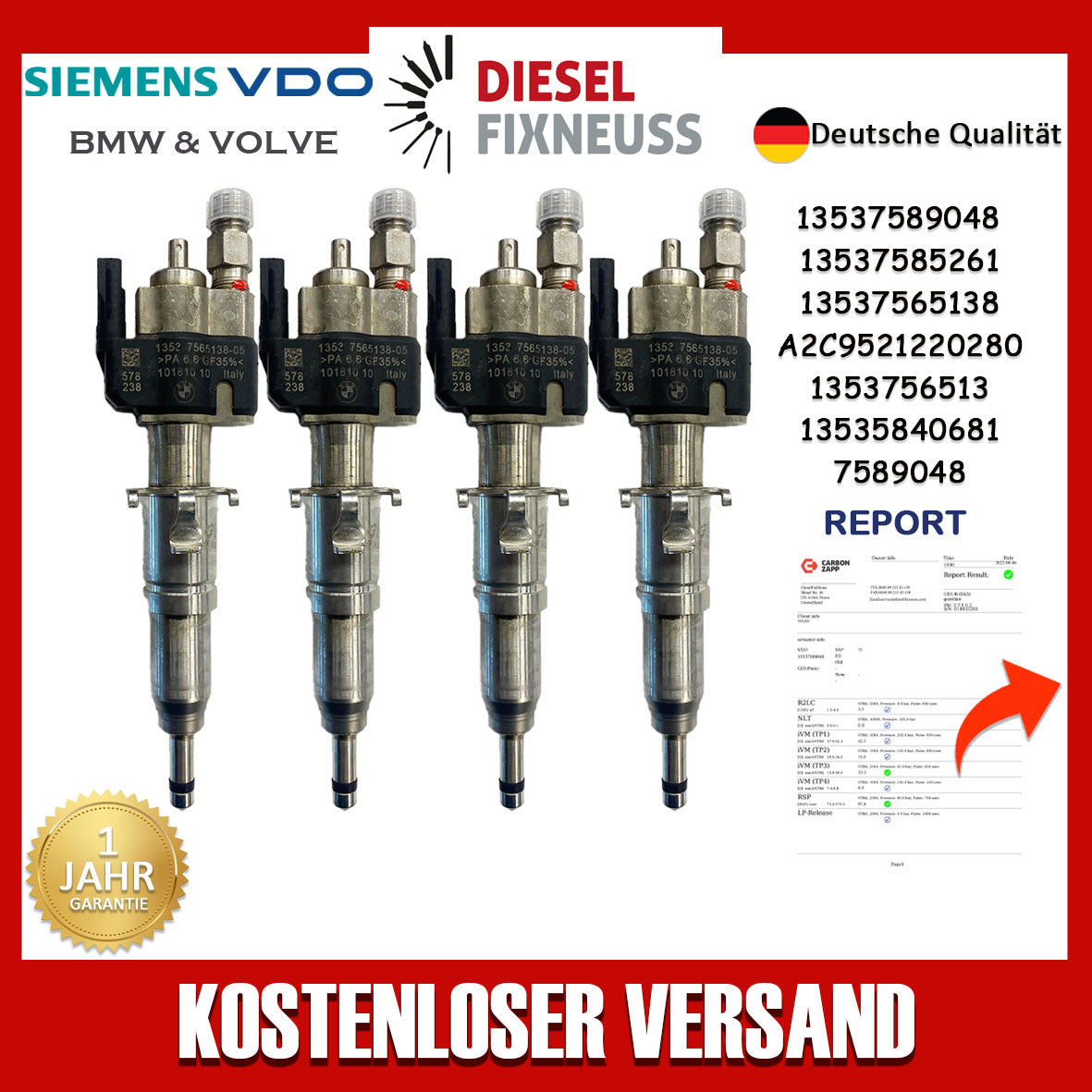 4x Einspritzventil Einspritzdüse Injektor 13537565138-05 E87 116I 1.6 90KW N43 VDO