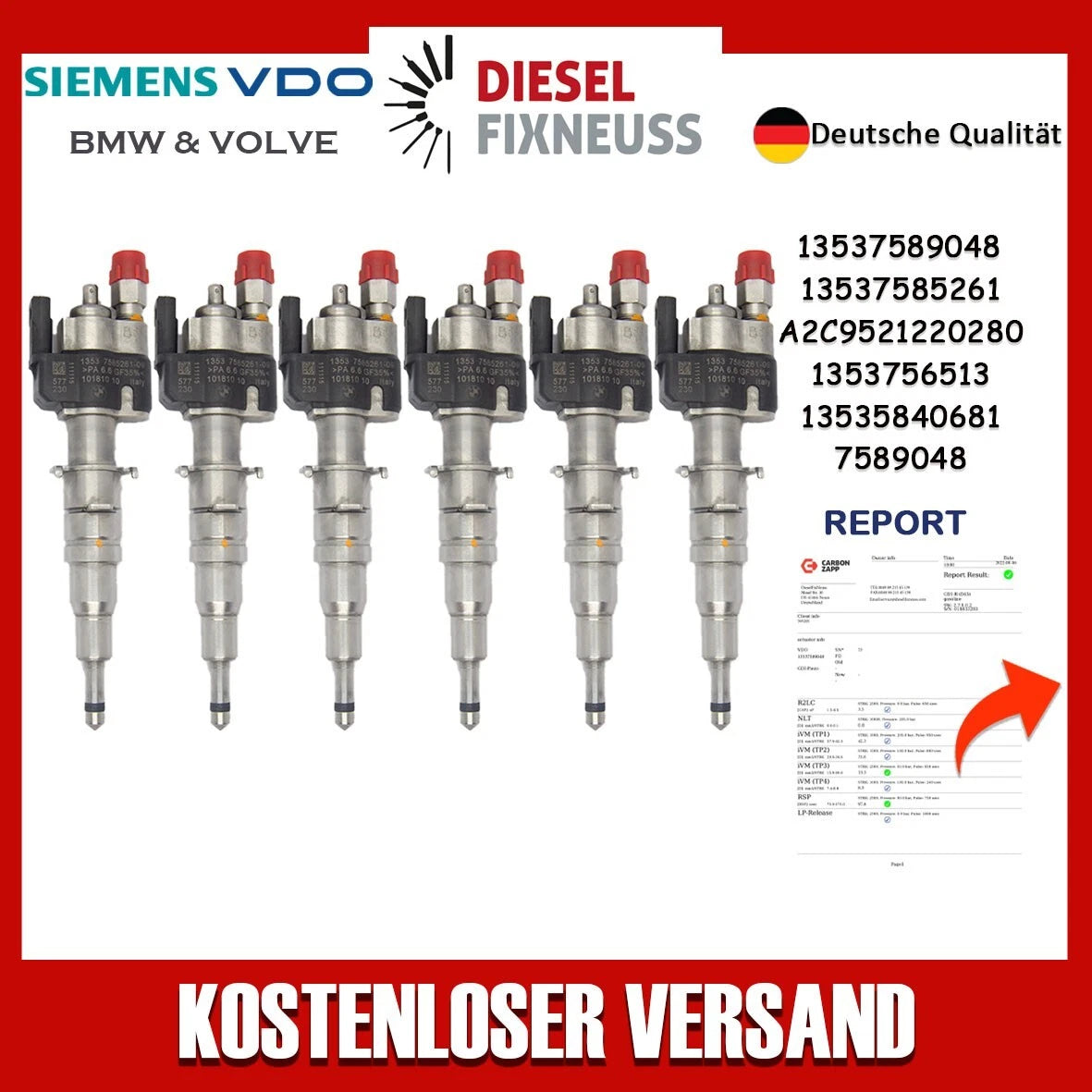 6x Fuel Injector BMW 1/3/5 Series | Part No: 13537589048/13537585261-09 Benzin | Compatible with N45/N43/N53 Engines | Includes Copper Ring, O-Ring, Test Report