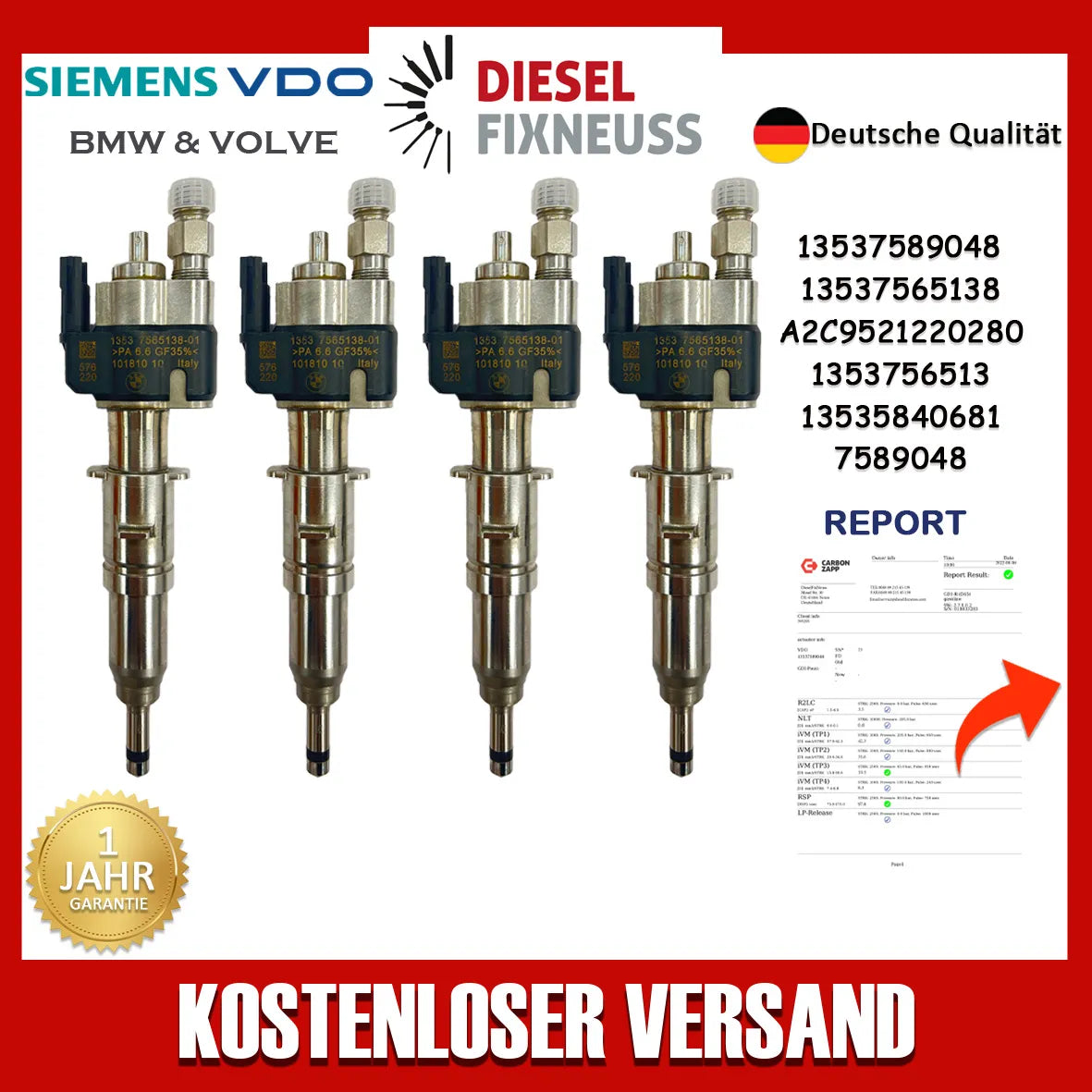 4x Einspritzdüse VDO 13537565138-01 N43 N53 BMW Benzin 13537589048