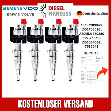 BMW Fuel Injector - VDO/Siemens 13537585261-06 / 13537589048. High-quality fuel injectors for BMW gasoline engines. Compatible with N43, N53, and N52 engine series. Includes copper sealing rings and test report.