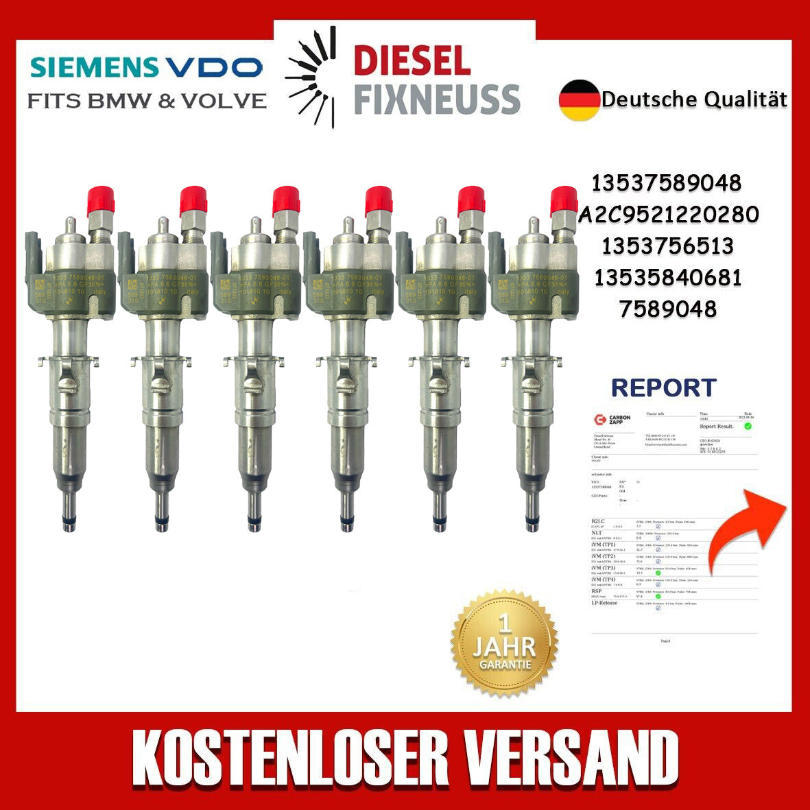 6x Einspritzdüse Einspritzventil VDO 13537589048-01 13537565138 N43 N53 BMW Benzin