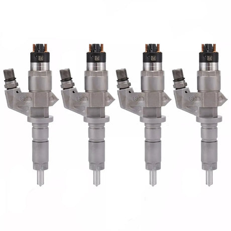 4x BOSCH injector 0445120008 for GMC ISUZU CHEVROLET 6.6L diesel engines. Compatible with LBZ engine codes. OEM quality replacement part.