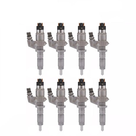 8x BOSCH injector 0445120008 for GMC ISUZU CHEVROLET 6.6L diesel engines. Compatible with LBZ engine codes. OEM quality replacement part.