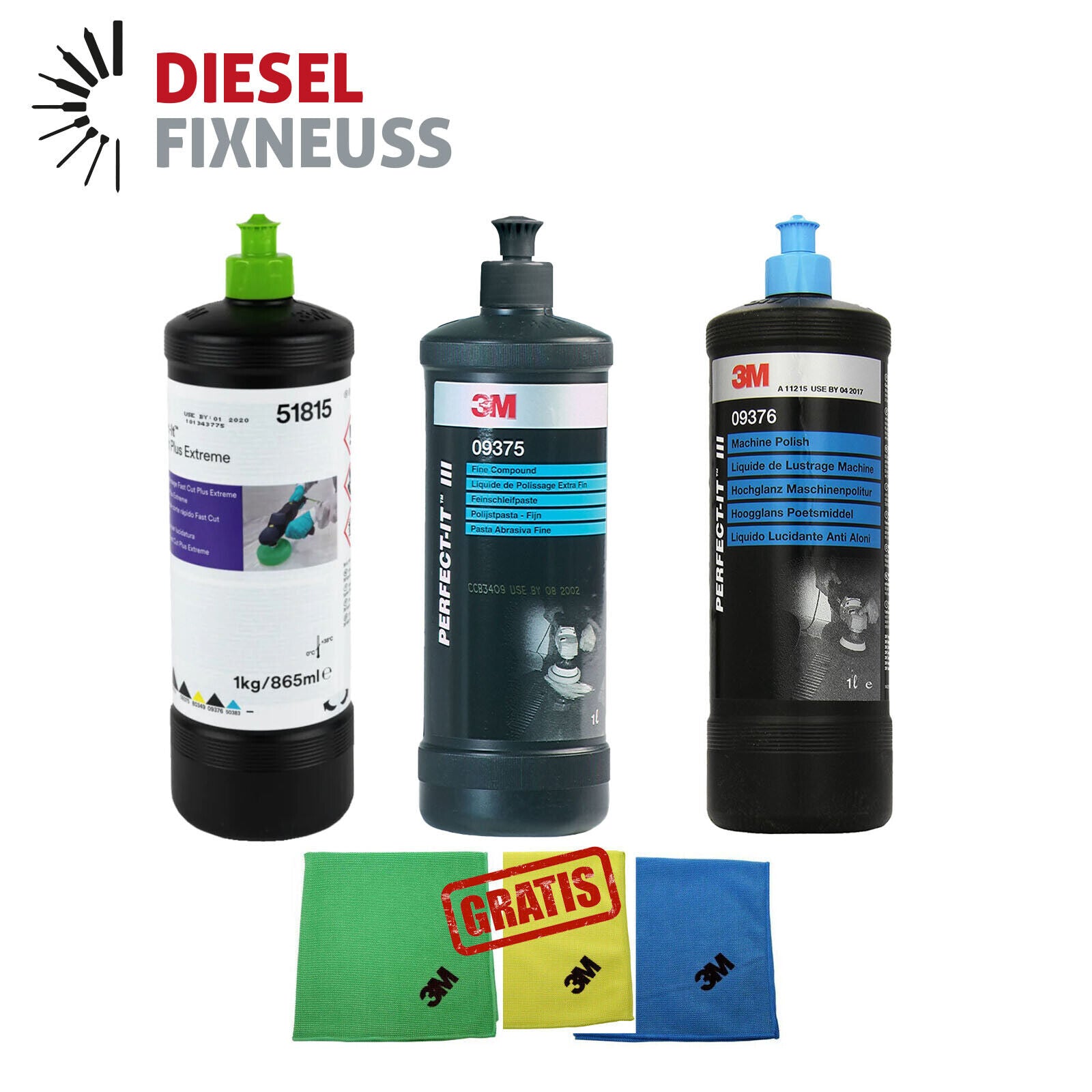 3M Polituren Set 51815 + 09376 + 09375 je 1 Liter Schleifpaste SONDERPREIS!