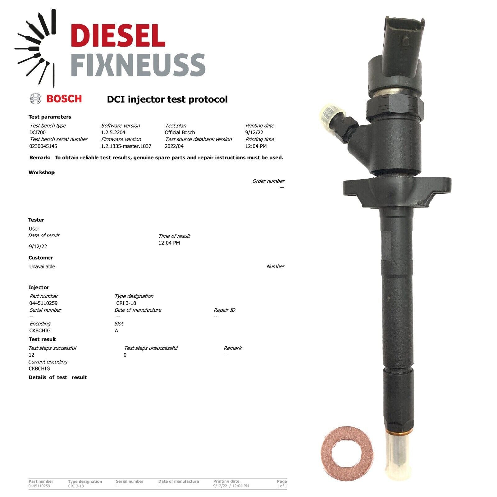 INJECTOR 0445110259 Ford Focus C-MAX Citroen Peugeot 1,6 TDCI HDI