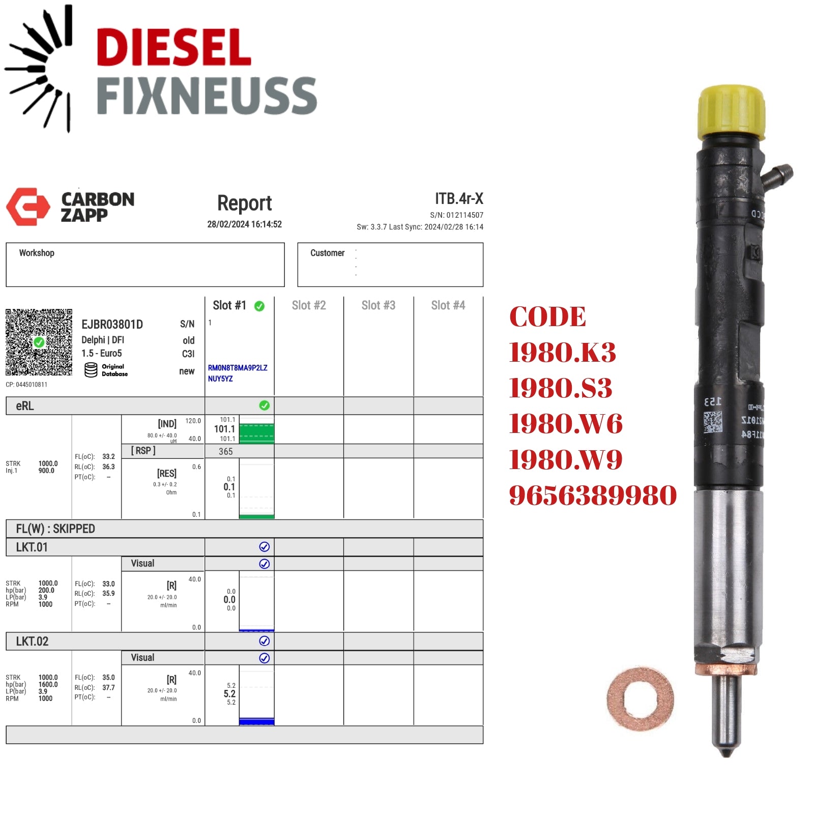 Diesel EJBR03801D Delphi Injector Report on Carbon Zapp Test Machine