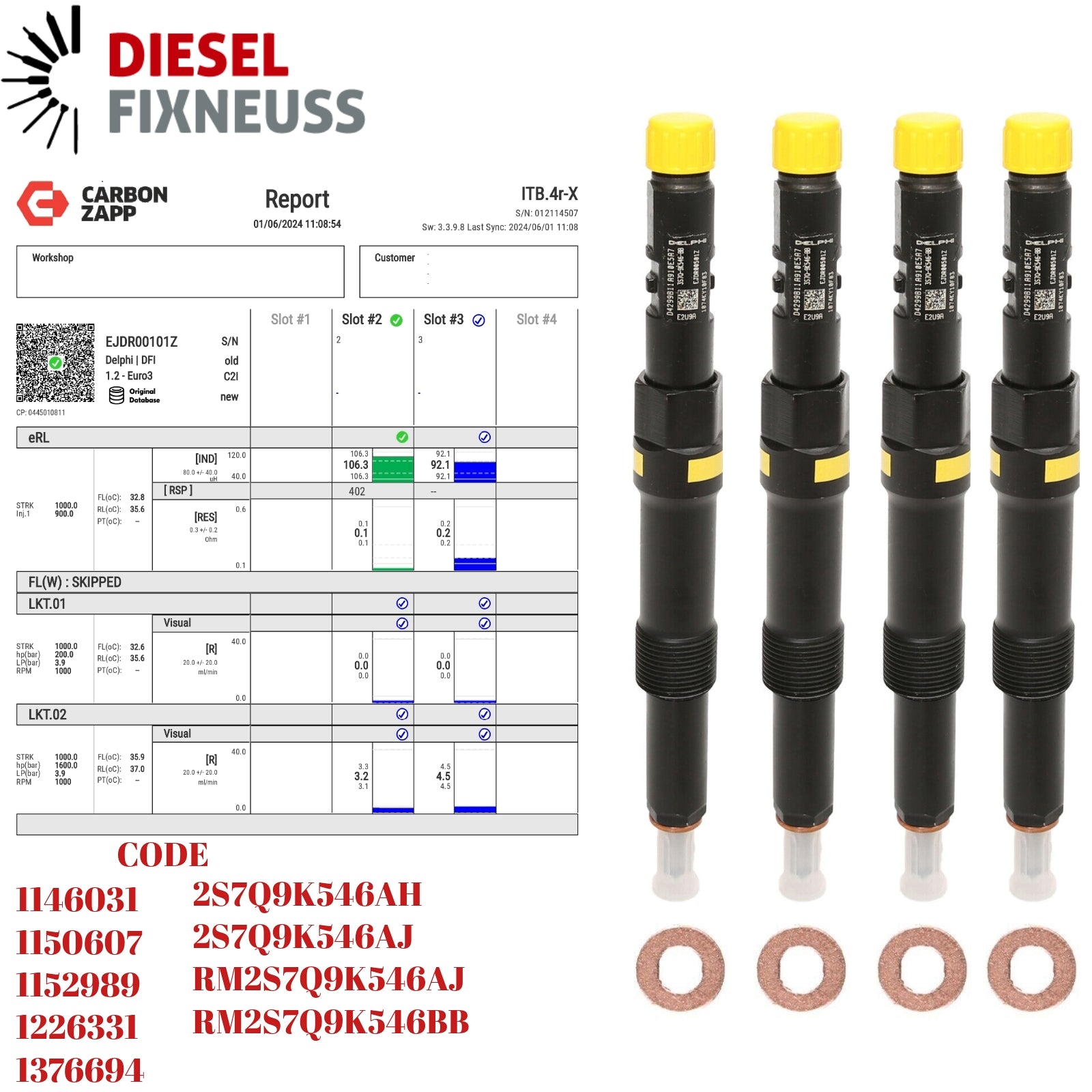 Diesel EJDR00101Z Delphi Injector Report on Carbon Zapp Test Machine